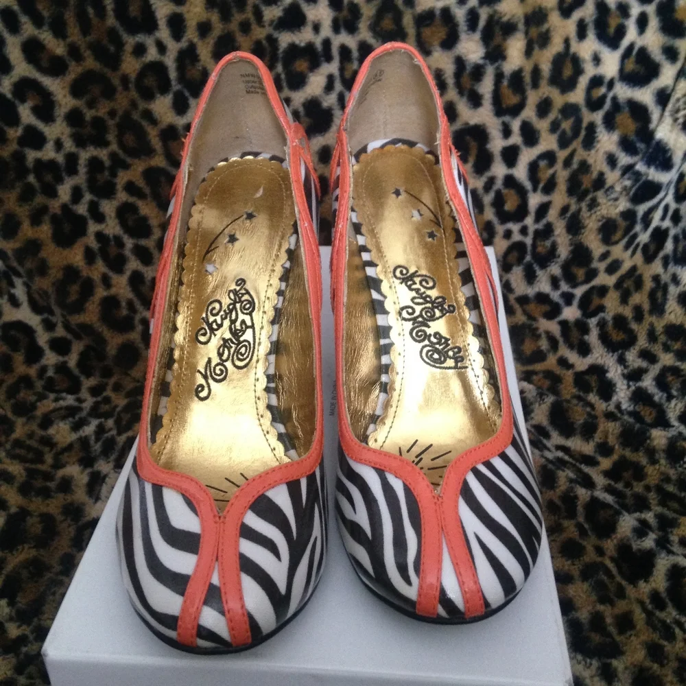 Naughty Monkey Zebra Heels with Bold Orange Trim - Picture 2 of 6